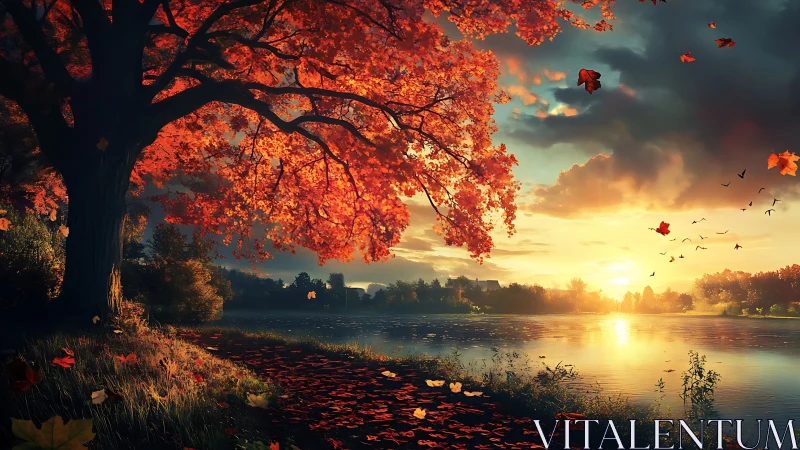 Radiant autumn maple over lakeside path at sunset glow.