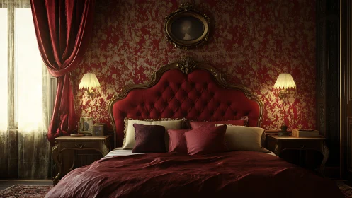 Photorealistic baroque bedroom with red tufted headboard.