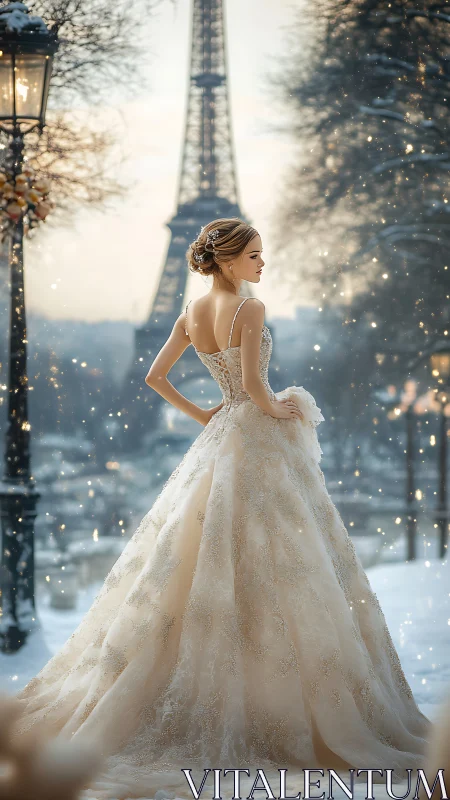 Snowlit bridal silhouette before Eiffel Tower, bokeh drift.
