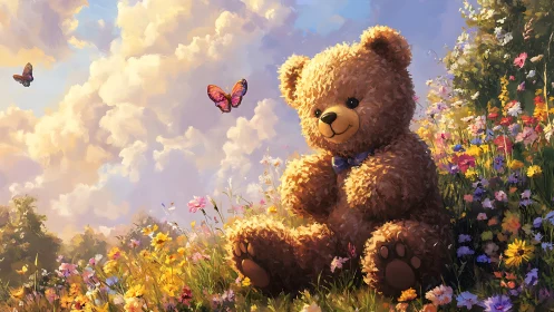 Sunny teddy bear enjoys butterflies in a dreamy flower meadow