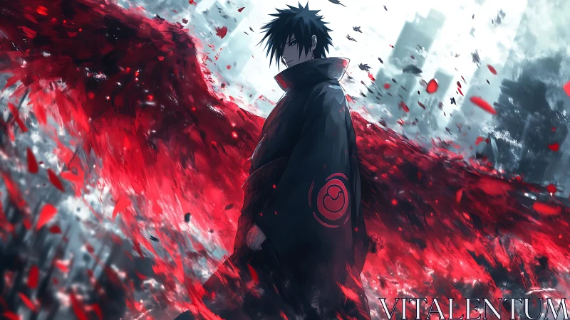 Dark-haired anime figure with red energy wings stands.