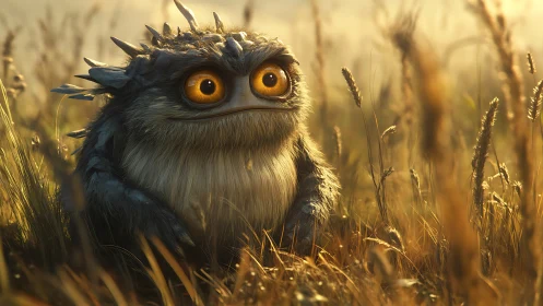 Fuzzy yellow-eyed creature rests in glowing golden meadow