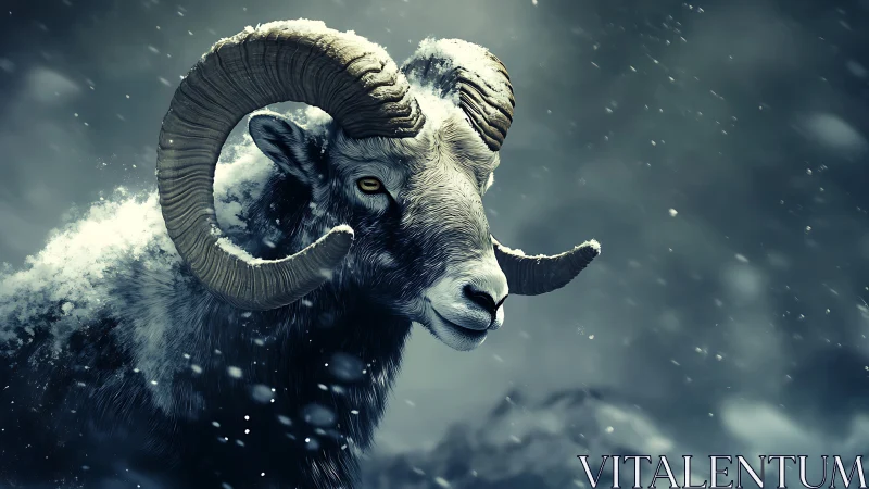 Snow‑dusted mountain ram rendered in moody photoreal style