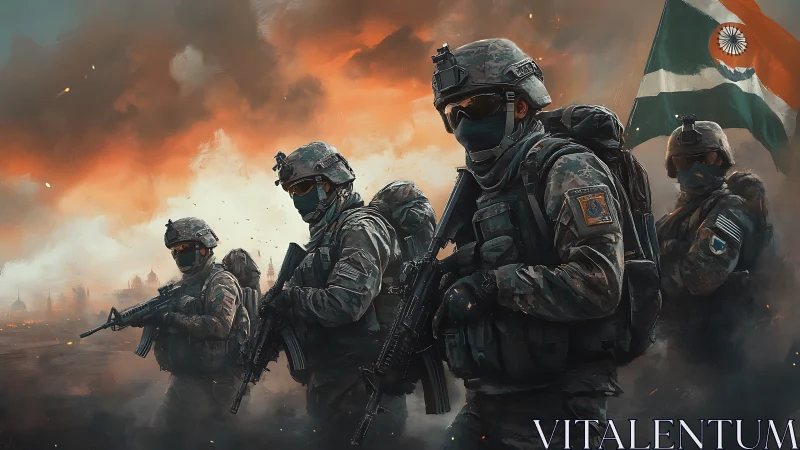 Armored infantry squad in cinematic battlefield inferno composition.