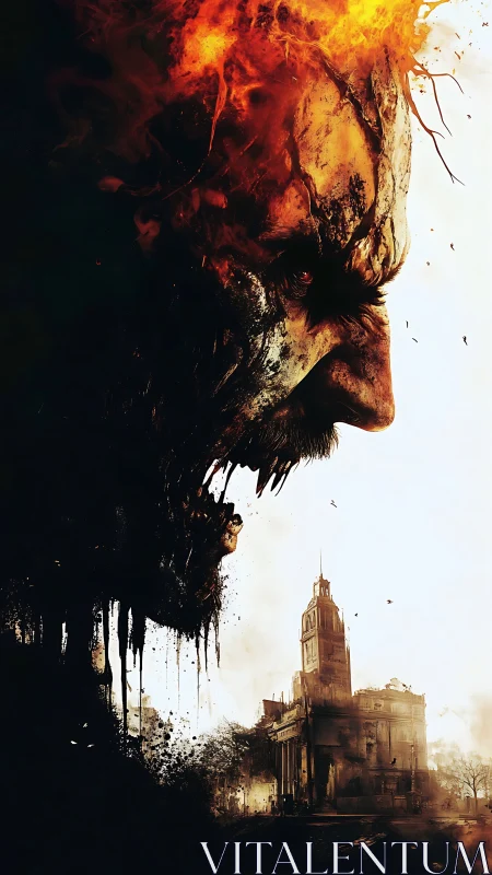 Burning giant looms over a crumbling, ghostly cityscape.