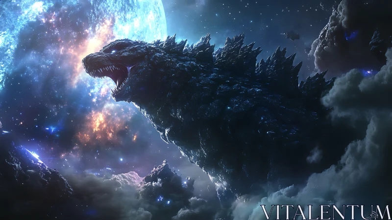 Giant spiked reptilian silhouette against luminous planet sky.