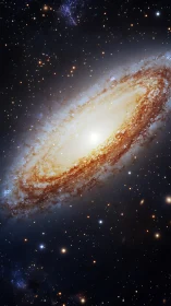 Edge-on spiral galaxy with bright core and star field.