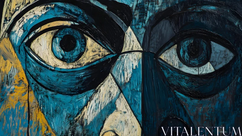 Abstract close-up of expressive face in bold blue cubist style.