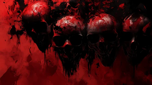 Row of dark bloodied skulls on intense red backdrop.