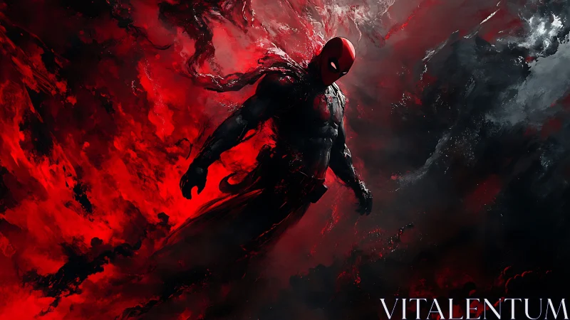 Red-masked figure stands within abstract red and black cloud