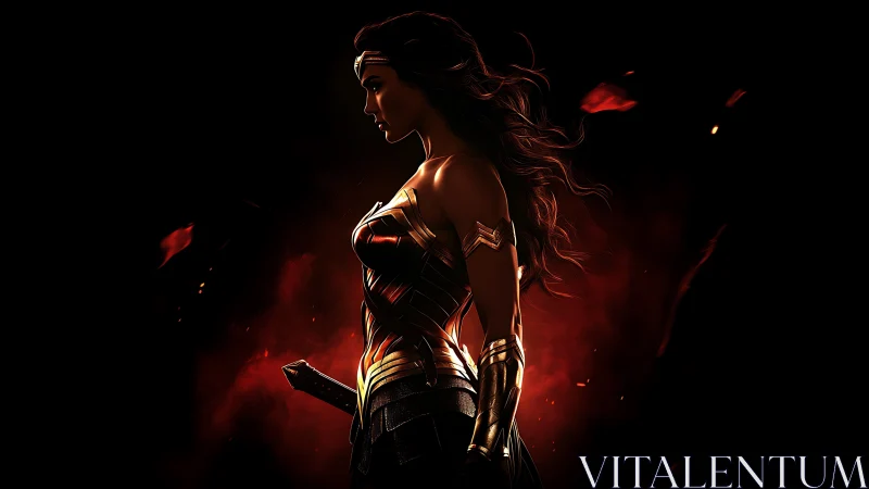 Side-lit armored female figure stands before red backlight