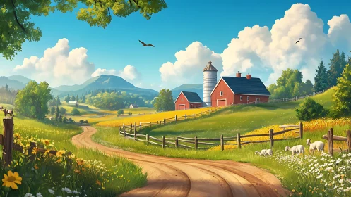 Idyllic pastoral farmstead under luminous summer sky.