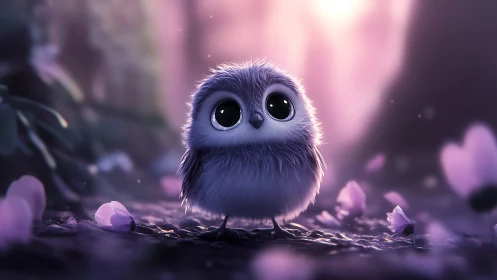 Wide-eyed baby owl glows softly in dreamy lilac forest.