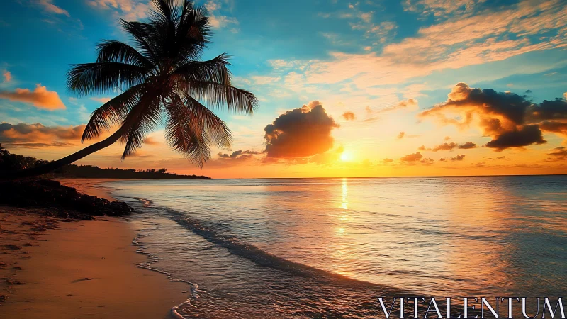 Palm leans into molten sunset while the shoreline whispers back