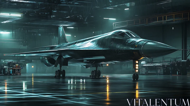 Sleek midnight jet waiting calmly in a misty hangar glow.
