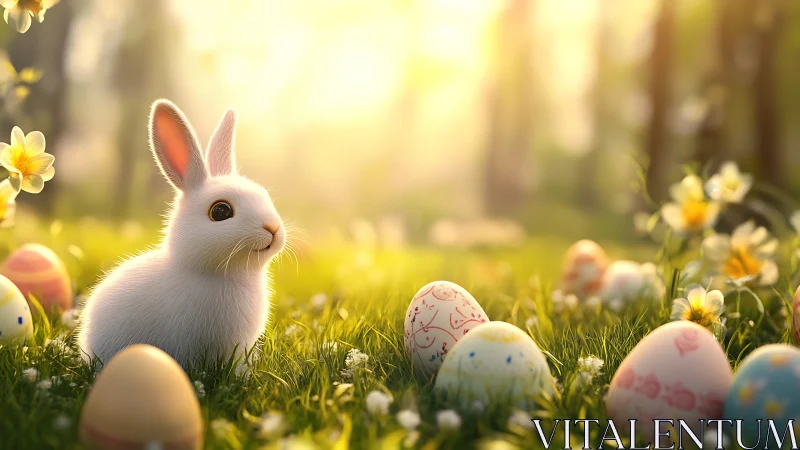White rabbit sits among Easter eggs in glowing spring meadow