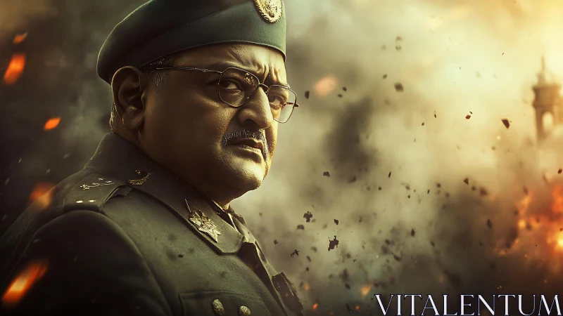 Stoic commander framed by swirling battle embers.