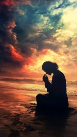 Silhouetted figure kneels on reflective shore under layered clouds.