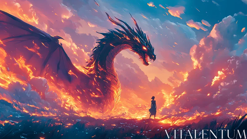 Silhouetted figure facing fire-lit dragon in clouded sky.