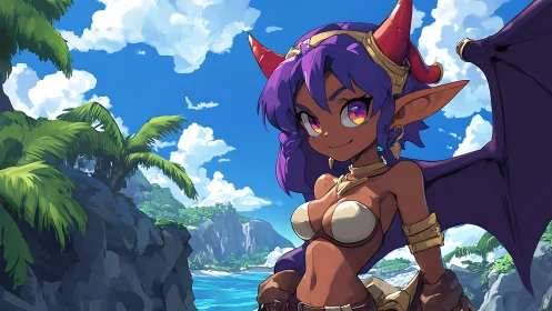 Sunlit demon girl smiles brightly over a tropical cove