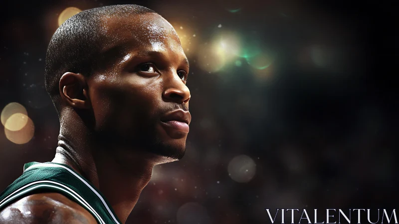 Focused basketball player under glowing arena lights.