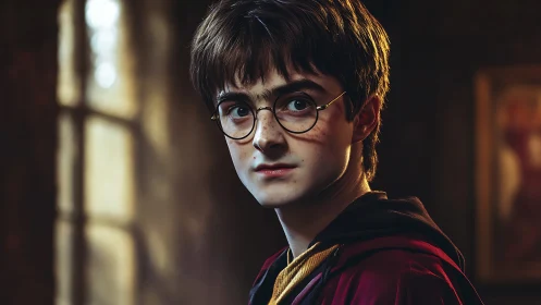 Young boy with round glasses in dim interior portrait.