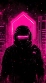 Hooded neon soldier in futuristic pink cityscape.