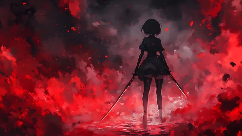 Backlit katana duelist in red particulate combustion field.