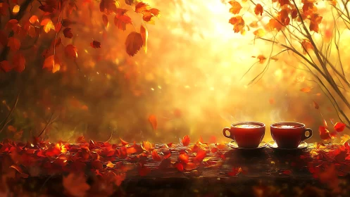 Backlit autumn foliage frames two steaming cups on rustic wood