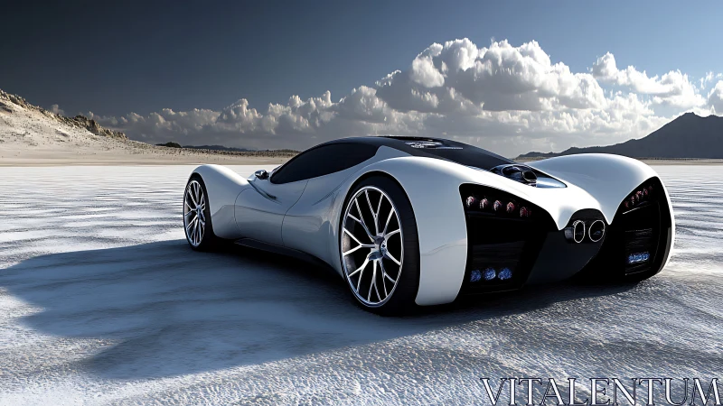 Salt-flat phantom supercar glides under high desert skies.