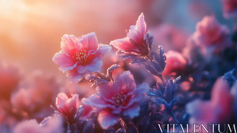 Delicate Pink Blossoms Glistening in Morning Light