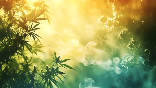 Sunlit herb leaves drifting through dreamy golden mist.