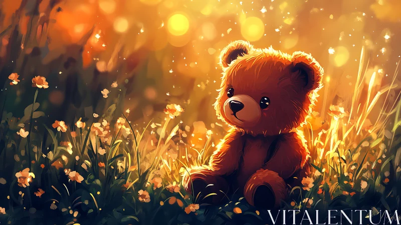 Backlit plush teddy bear rendered in warm bokeh dusk meadow