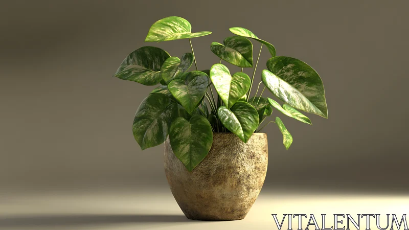 Sunlit green houseplant in a warmly textured clay pot.