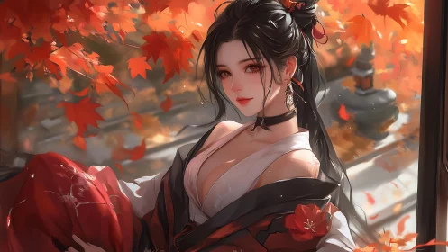 Female figure in hanfu amid orange autumn maple leaves.