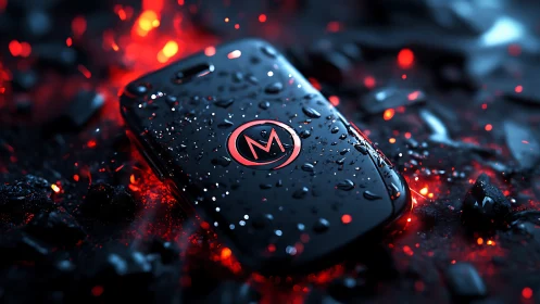 Smartphone lies on wet black surface with red glowing embers