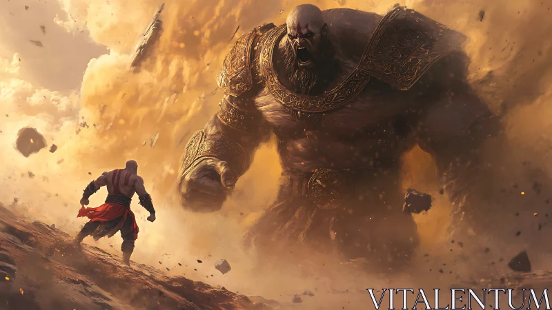 Dust‑storm titan bellows while lone warrior charges forward