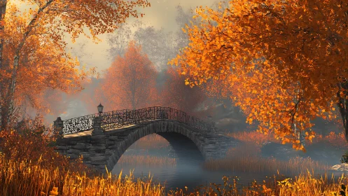 Stone bridge arches over serene river in glowing autumn fog