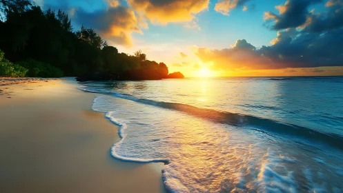 Sun sets over calm tropical beach with reflective shoreline.