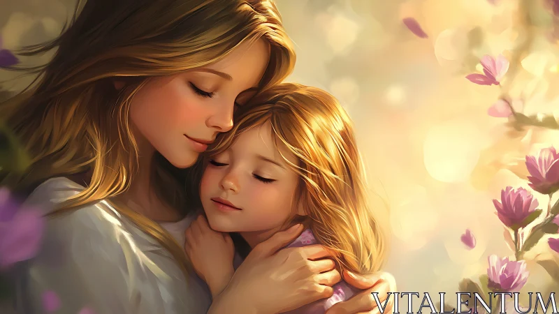 Golden-haired mother and daughter embrace in luminous garden.