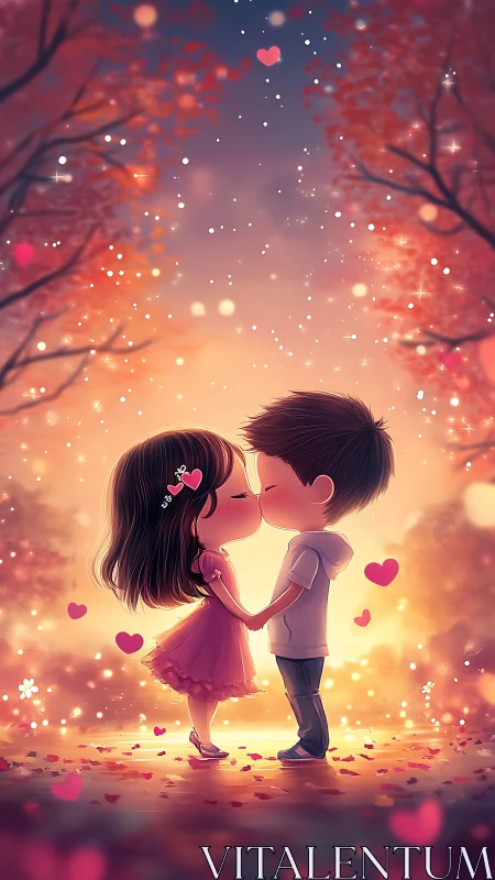 Two animated children sharing a kiss surrounded by glowing bokeh lights