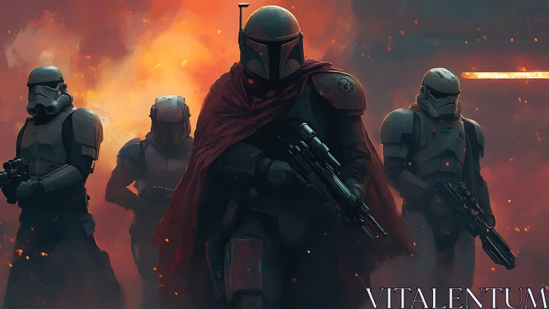 Armored soldiers advance through firelit smoke field.