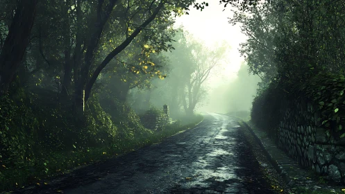 Moody forest lane in atmospheric photorealistic perspective.