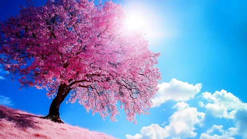 Lone pink blossom tree glows under intense midday sun