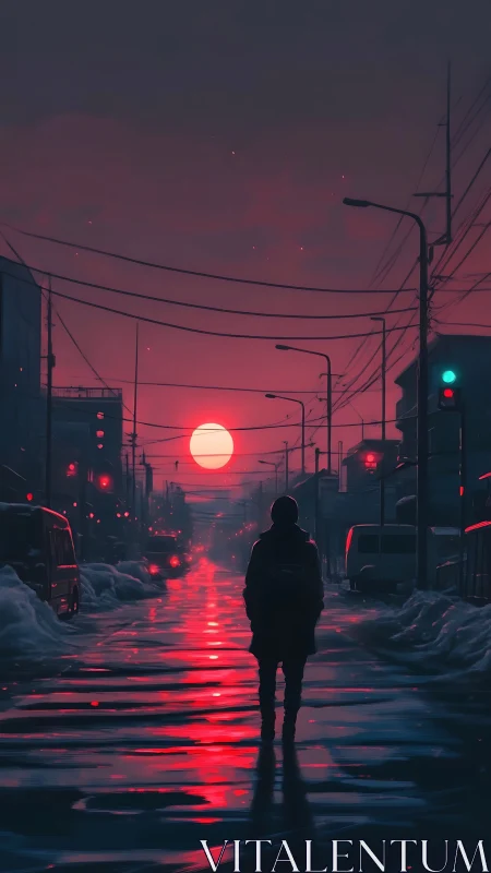 Solitary figure in neon dusk street with reflective snow pools.