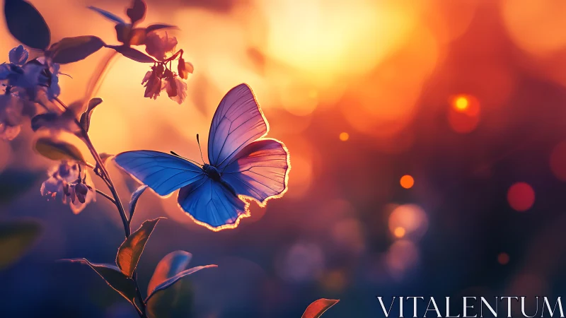 Twilight blue butterfly drifting through molten sunset glow.