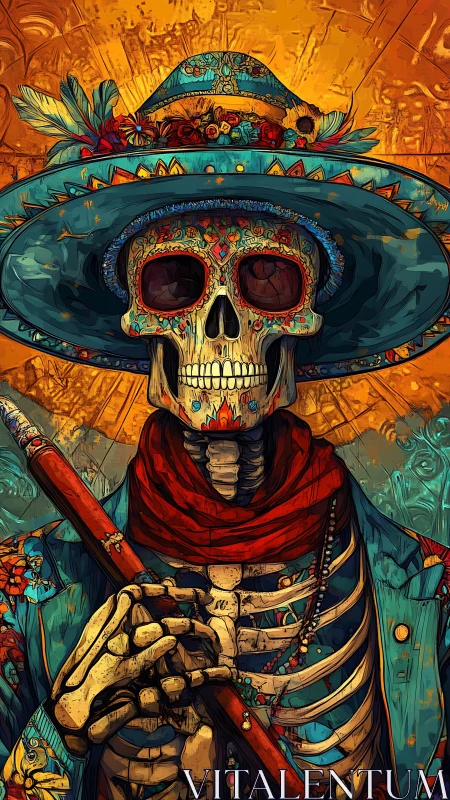 Calavera mariachi skeleton glows under golden radial halo.