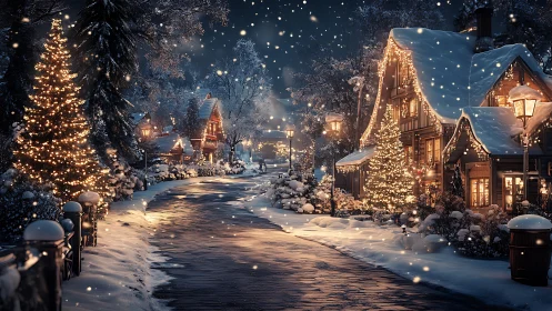 Snowy village street glows with warm festive illumination at night