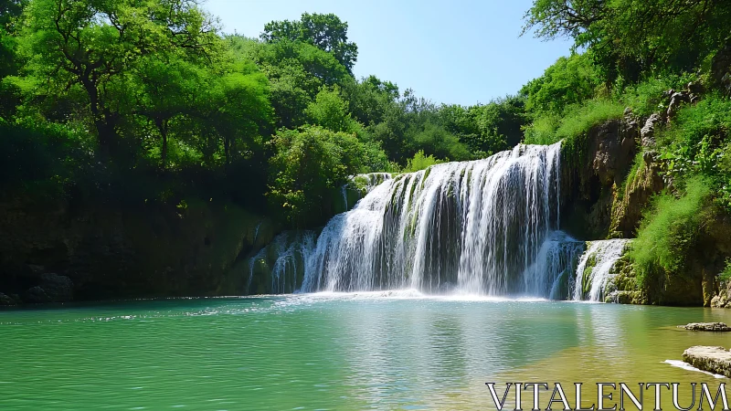 Photorealistic tiered waterfall with verdant riparian framing.