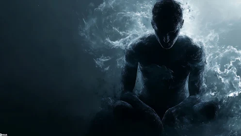 Shadowed humanoid forms luminous silhouette in liquid haze